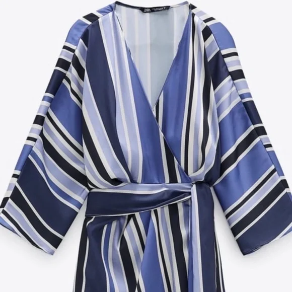 Zara Blue & White Striped Satin Wrap Skort Romper Small NWT - Picture 4 of 16
